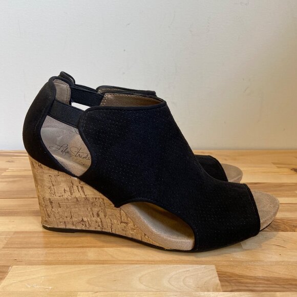 Life Stride Black Faux Suede Peep-Toe Cork Wedge Sandals HINX style Classic - Picture 3 of 14